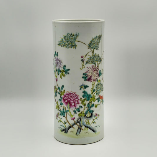 Chinese 20thC. Famille Rose Hongxian Marked Sleeve Vase With Flowers and Bats, Republic Period