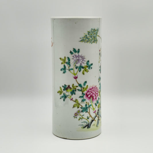 Chinese 20thC. Famille Rose Hongxian Marked Sleeve Vase With Flowers and Bats, Republic Period