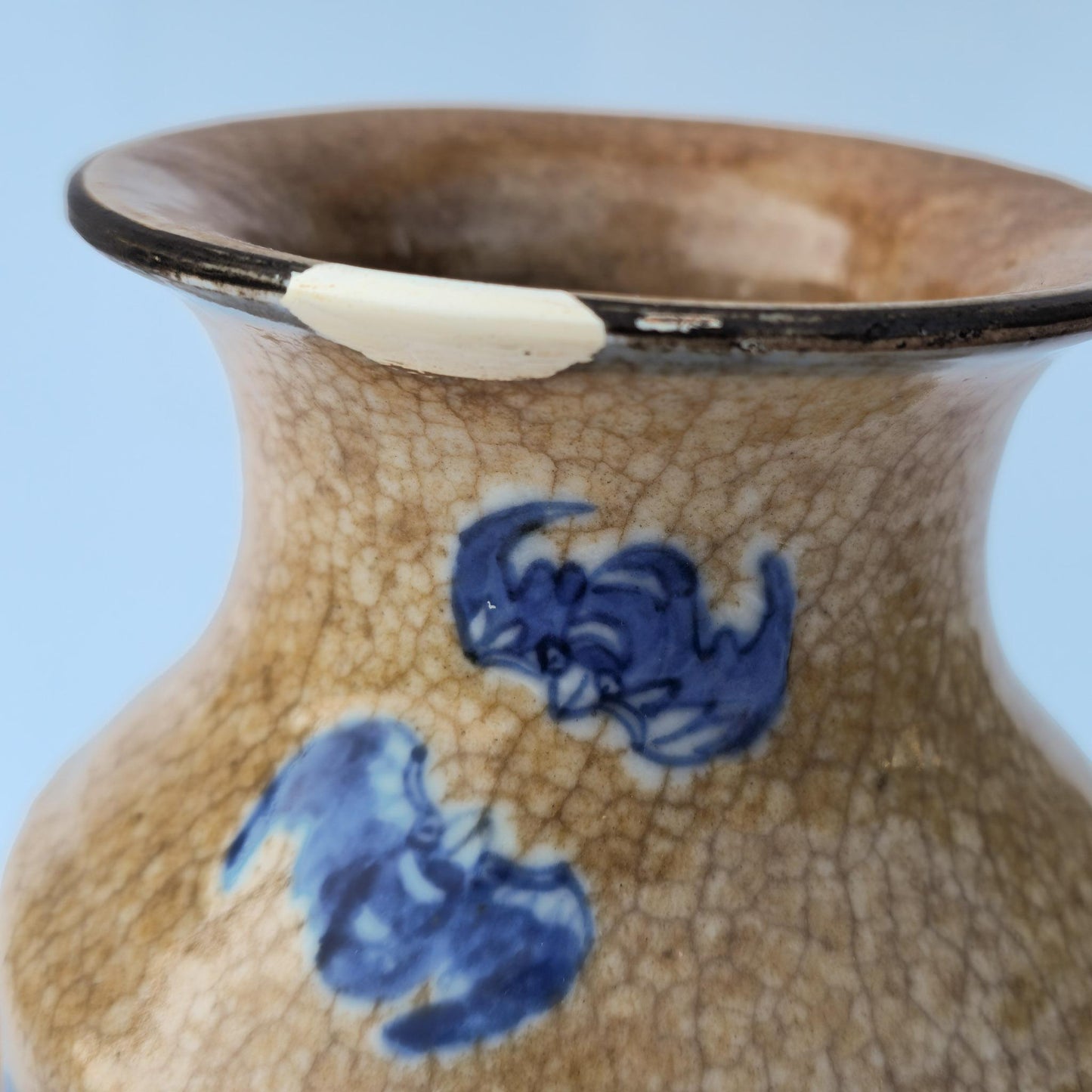 Chinese 19thC. Blue and White Café au lait Crackle Ground Glaze Porcelain Vase Qing