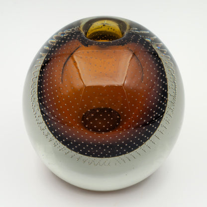 GUNNEL NYMAN NUUTAJÄRVI NOTSJÖ HUNTU YELLOW BROWN BUBBLE GLASS VASE | MID 20TH CENTURY