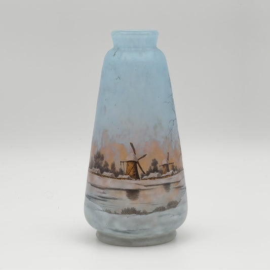 A DAUM NANCY CAMEO ENAMELLED GLASS VASE WITH DUTCH WINTER LANDSCAPE SCENE | EARLY 20TH CENTURY
