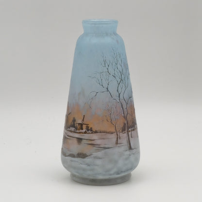 A DAUM NANCY CAMEO ENAMELLED GLASS VASE WITH DUTCH WINTER LANDSCAPE SCENE | EARLY 20TH CENTURY