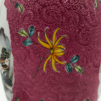AN EXCEPTIONAL CHINESE FAMILLE ROSE LANDSCAPE SCRAFFIATO RUBY GROUND LIDDED JAR | LATE REPUBLIC PERIOD, MID 20TH CENTURY