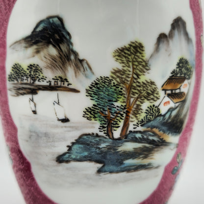 AN EXCEPTIONAL CHINESE FAMILLE ROSE LANDSCAPE SCRAFFIATO RUBY GROUND LIDDED JAR | LATE REPUBLIC PERIOD, MID 20TH CENTURY