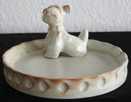 Upsala Ekeby EINAR LUTERKORT Beige Glazed Scottie Dog Stoneware Ashtray Mollaris.com 