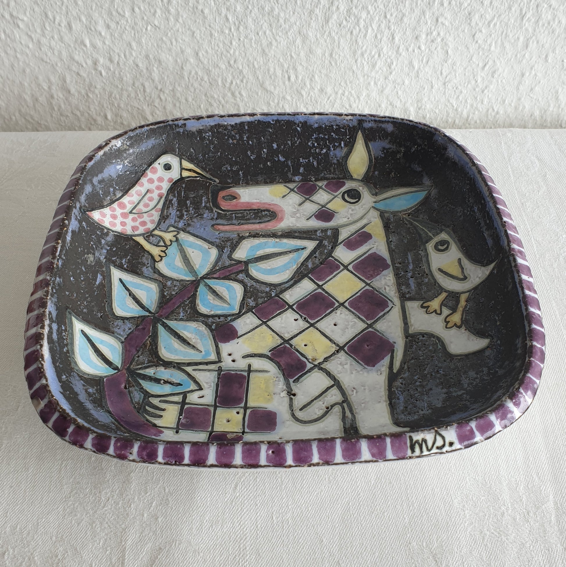 Upsala Ekeby MARI SIMMULSON Cow and Birds Glazed Stoneware Tray Mollaris.com 