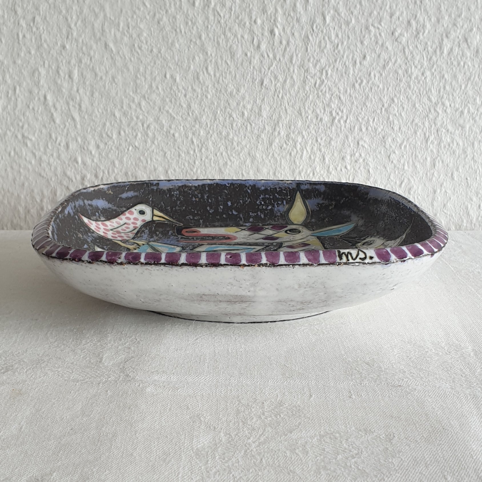 Upsala Ekeby MARI SIMMULSON Cow and Birds Glazed Stoneware Tray Mollaris.com 