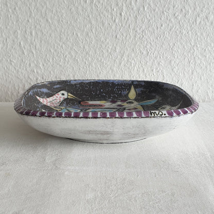 Upsala Ekeby MARI SIMMULSON Cow and Birds Glazed Stoneware Tray Mollaris.com 