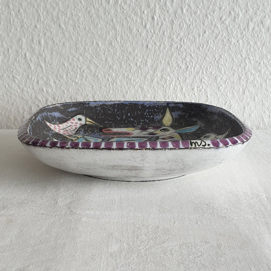 Upsala Ekeby MARI SIMMULSON Cow and Birds Glazed Stoneware Tray Mollaris.com 