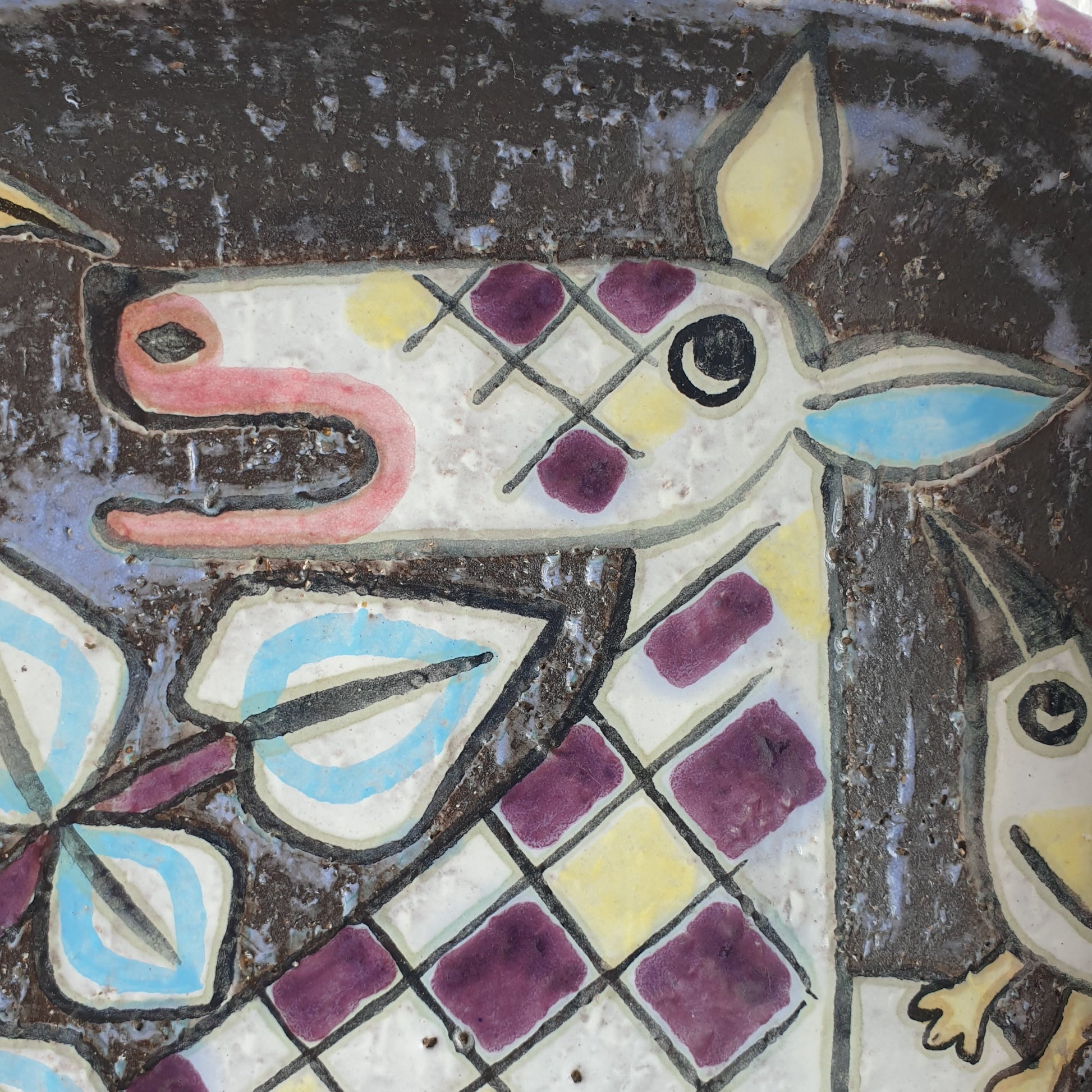 Upsala Ekeby MARI SIMMULSON Cow and Birds Glazed Stoneware Tray Mollaris.com 