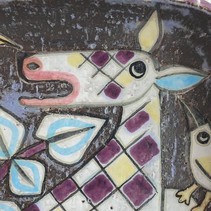 Upsala Ekeby MARI SIMMULSON Cow and Birds Glazed Stoneware Tray Mollaris.com 