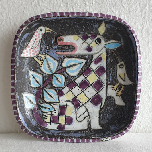 Upsala Ekeby MARI SIMMULSON Cow and Birds Glazed Stoneware Tray Mollaris.com 