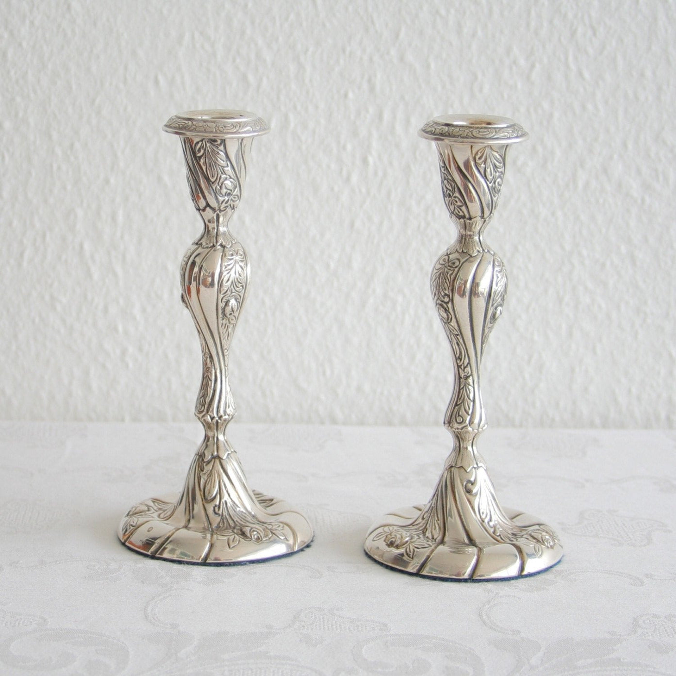 A pair of HUGO GRÜN Romantic Rococo Style Roses Flowers Leaves Solid Silver (830S) Candlesticks Mollaris.com 