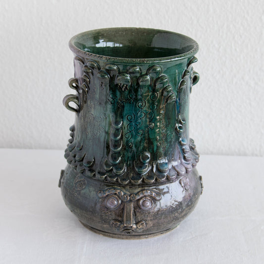 BJØRN WIINBLAD Studio Large Green Purple Glazed Ceramic Face Vase Mollaris.com 