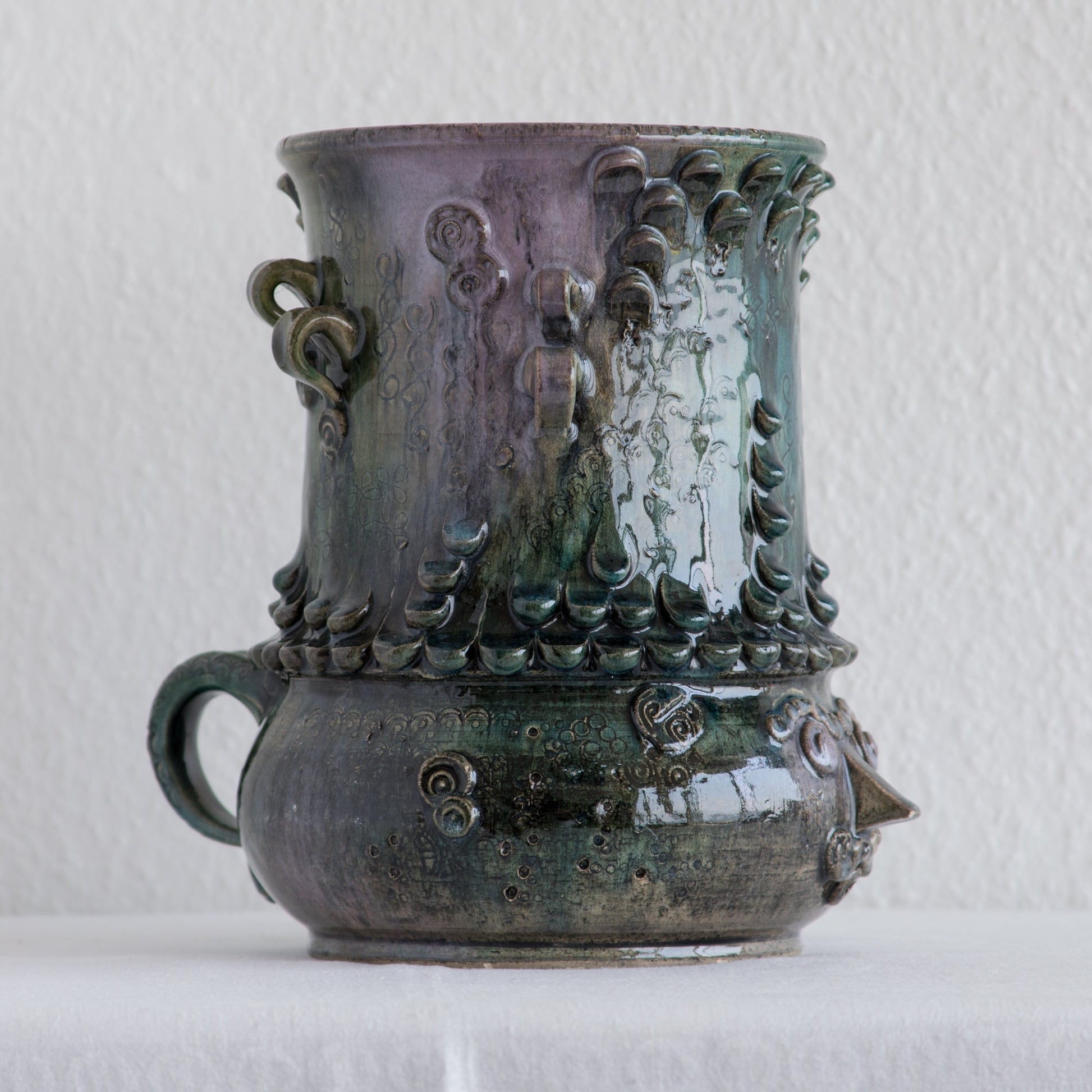 BJØRN WIINBLAD Studio Large Green Purple Glazed Ceramic Face Vase Mollaris.com 
