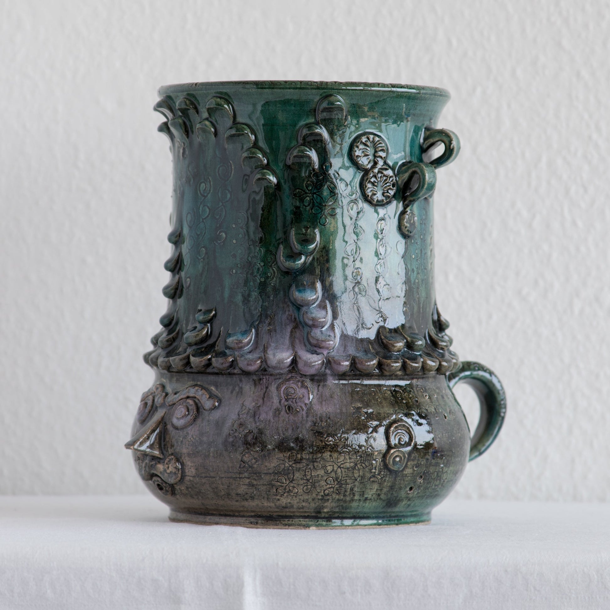 BJØRN WIINBLAD Studio Large Green Purple Glazed Ceramic Face Vase Mollaris.com 