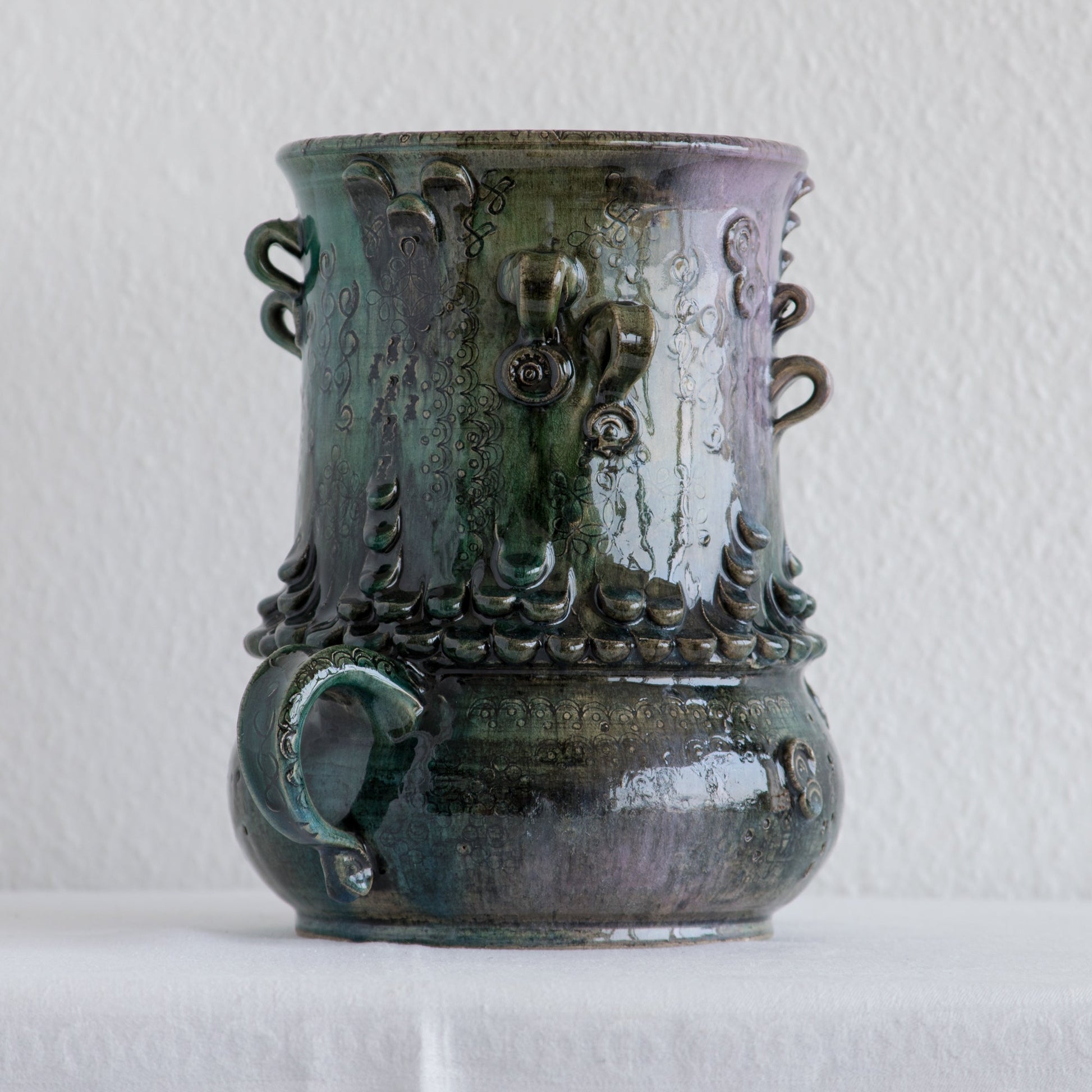 BJØRN WIINBLAD Studio Large Green Purple Glazed Ceramic Face Vase Mollaris.com 