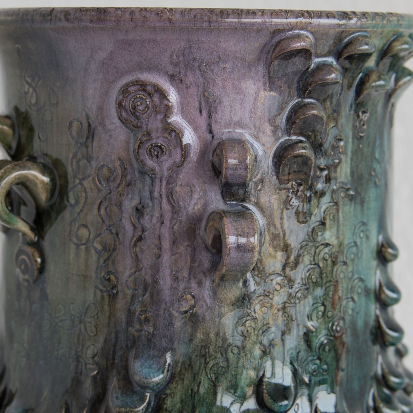 BJØRN WIINBLAD Studio Large Green Purple Glazed Ceramic Face Vase Mollaris.com 