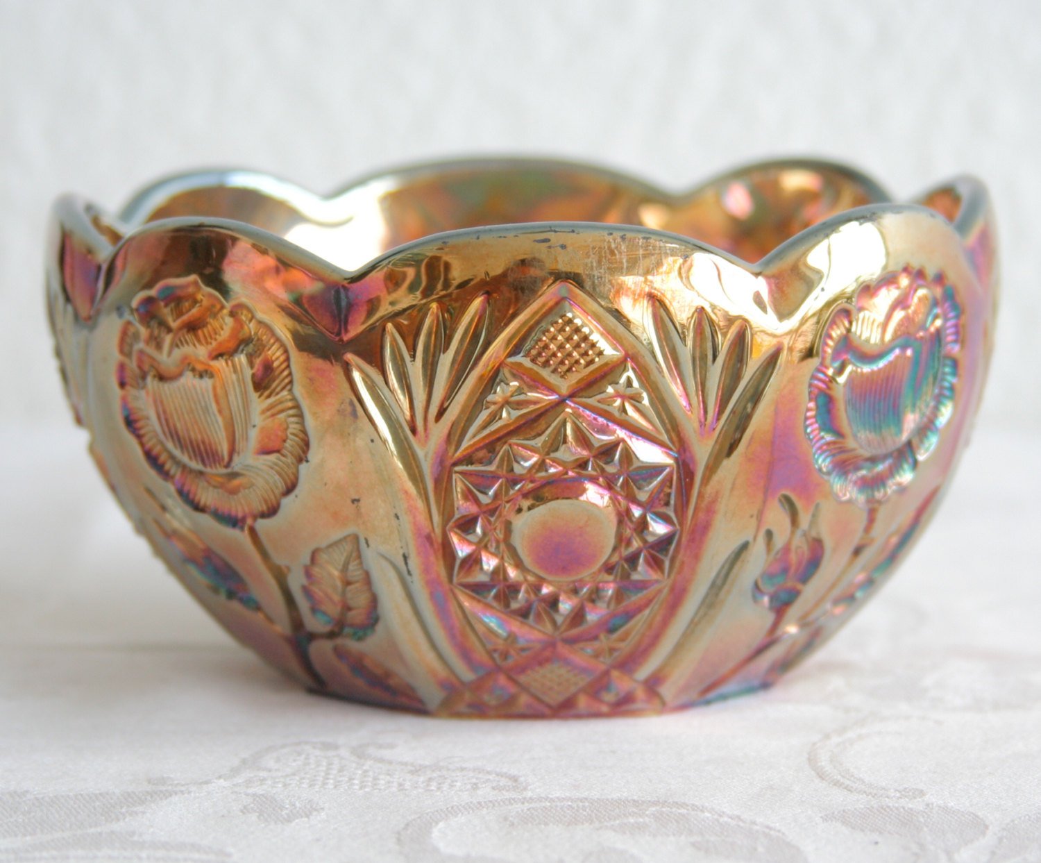 BROCKWITZ Carnival Glass Blue ROSE GARDEN Bowl Rosebowl Mollaris.com 