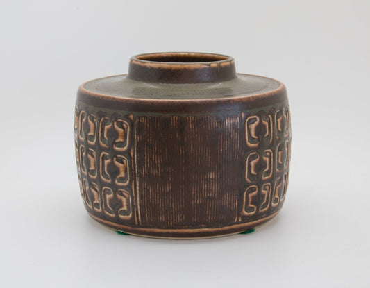 Bing & Grøndahl VALDEMAR PETERSEN Geometric Decorated Brown Glazed Stoneware Vase Mollaris.com 