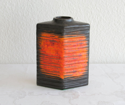 CARSTENS Ribbed Orange and Black Glazed Fat Lava Ceramic Vase Mollaris.com 