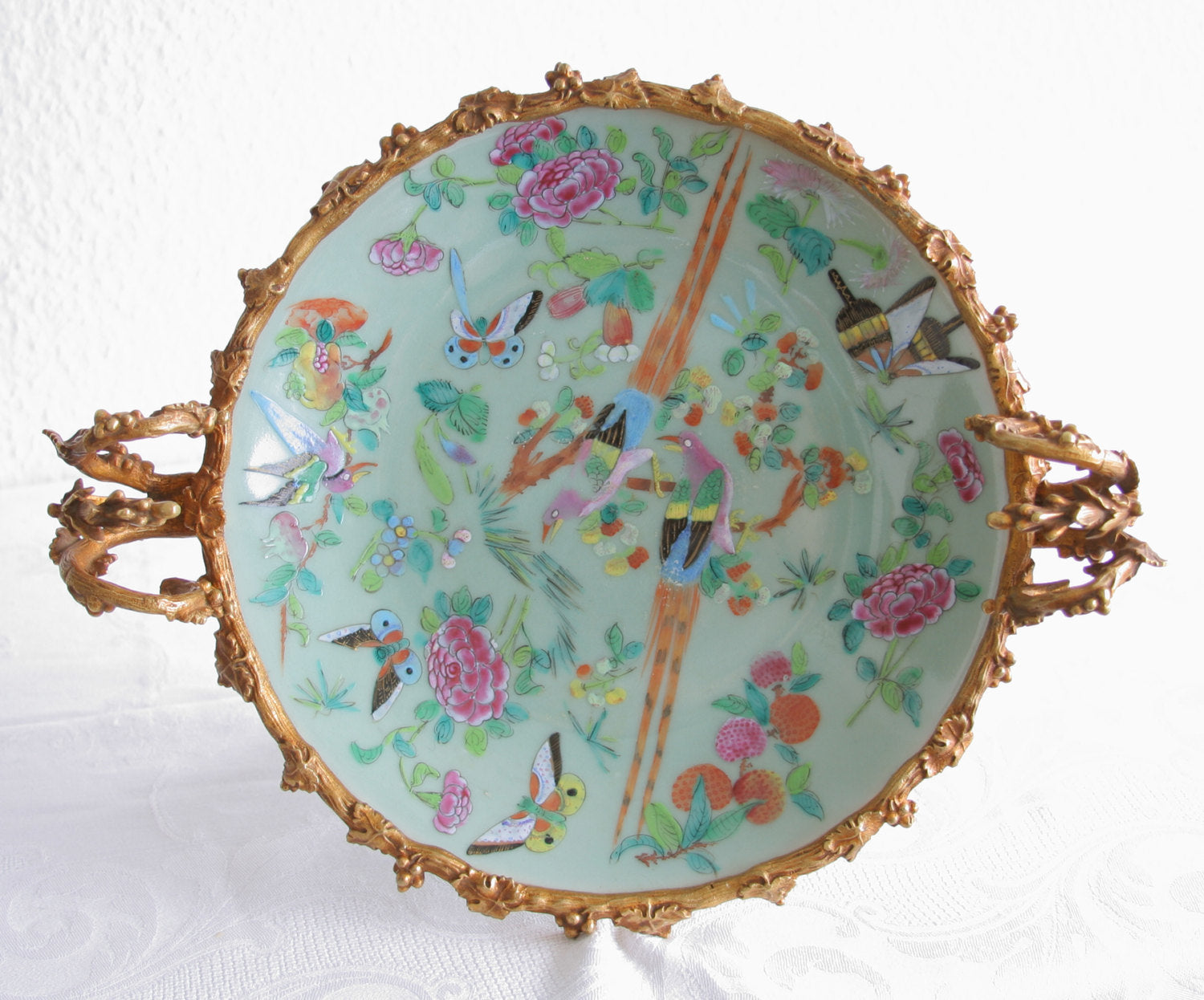 Chinese 19thC Famille Rose Celadon Ground Dish (probably Tongzhi period) in French Ormolu Gilt Bronze Mounts Mollaris.com 