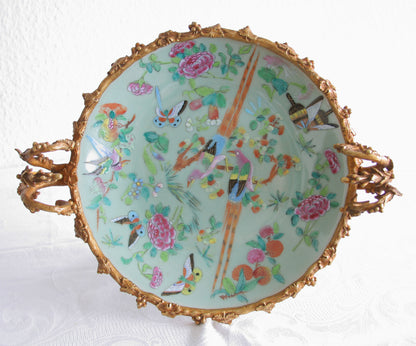 Chinese 19thC Famille Rose Celadon Ground Dish (probably Tongzhi period) in French Ormolu Gilt Bronze Mounts Mollaris.com 