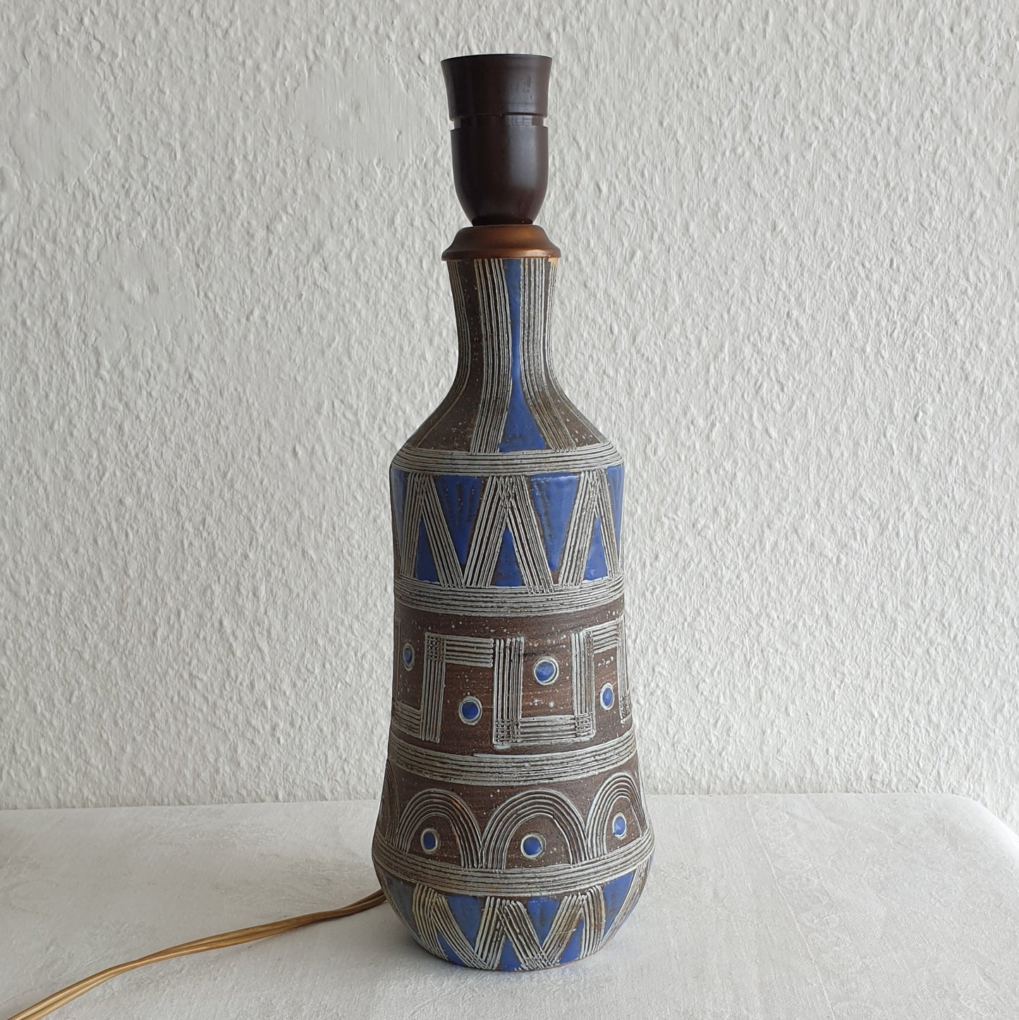 FRATELLI FANCIULLACCI Geometric Pattern Brown Blue Glazed Ceramic Table Lamp Mollaris.com 