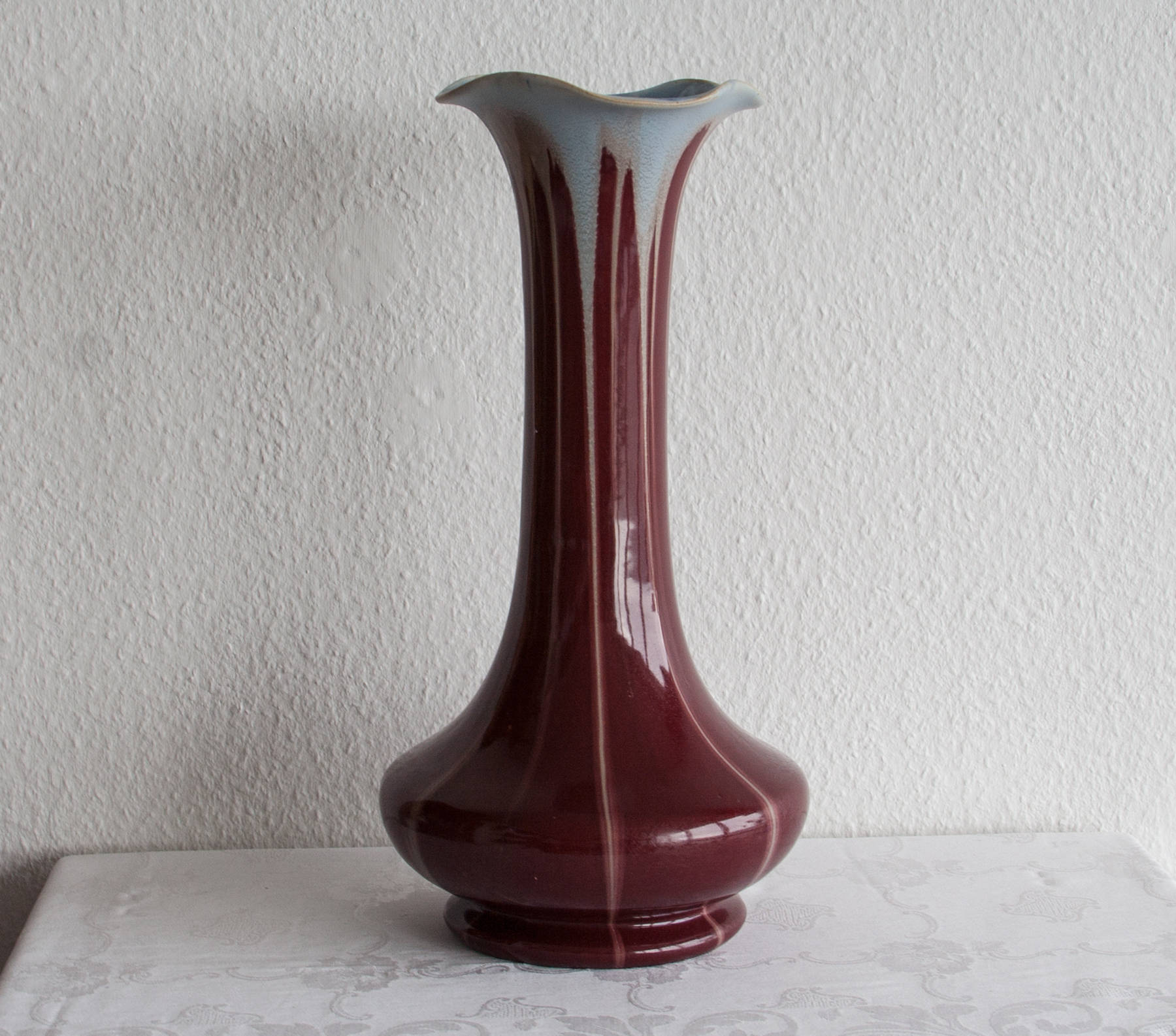 BELGIUM Art Nouveau Red & White Drip Glaze Ceramic Floor Vase Mollaris.com 