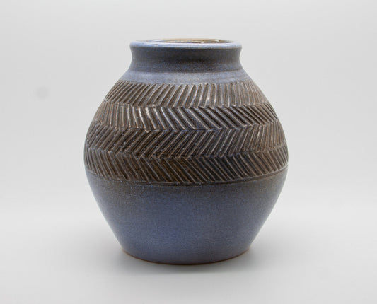 JOHGUS Studio Zig Zag Decorated Blue and Grey Glazed Stoneware Vase Mollaris.com 
