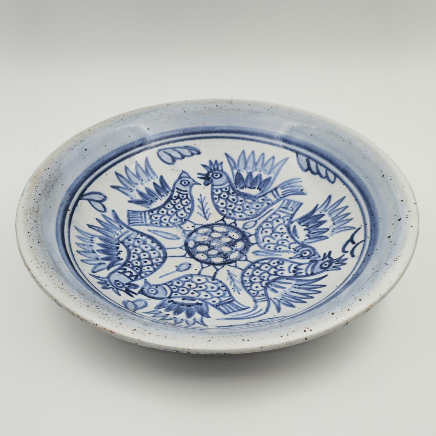 L. HJORTH Blue Roosters and Hens Decorated Stoneware Dish Mollaris.com 
