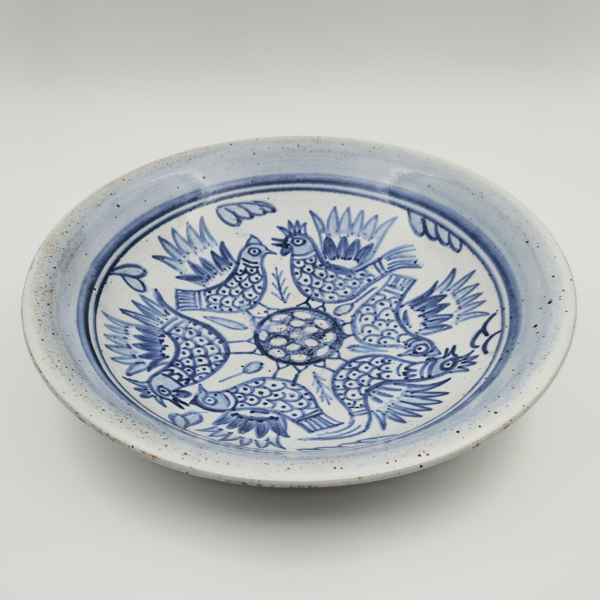 L. HJORTH Blue Roosters and Hens Decorated Stoneware Dish Mollaris.com 
