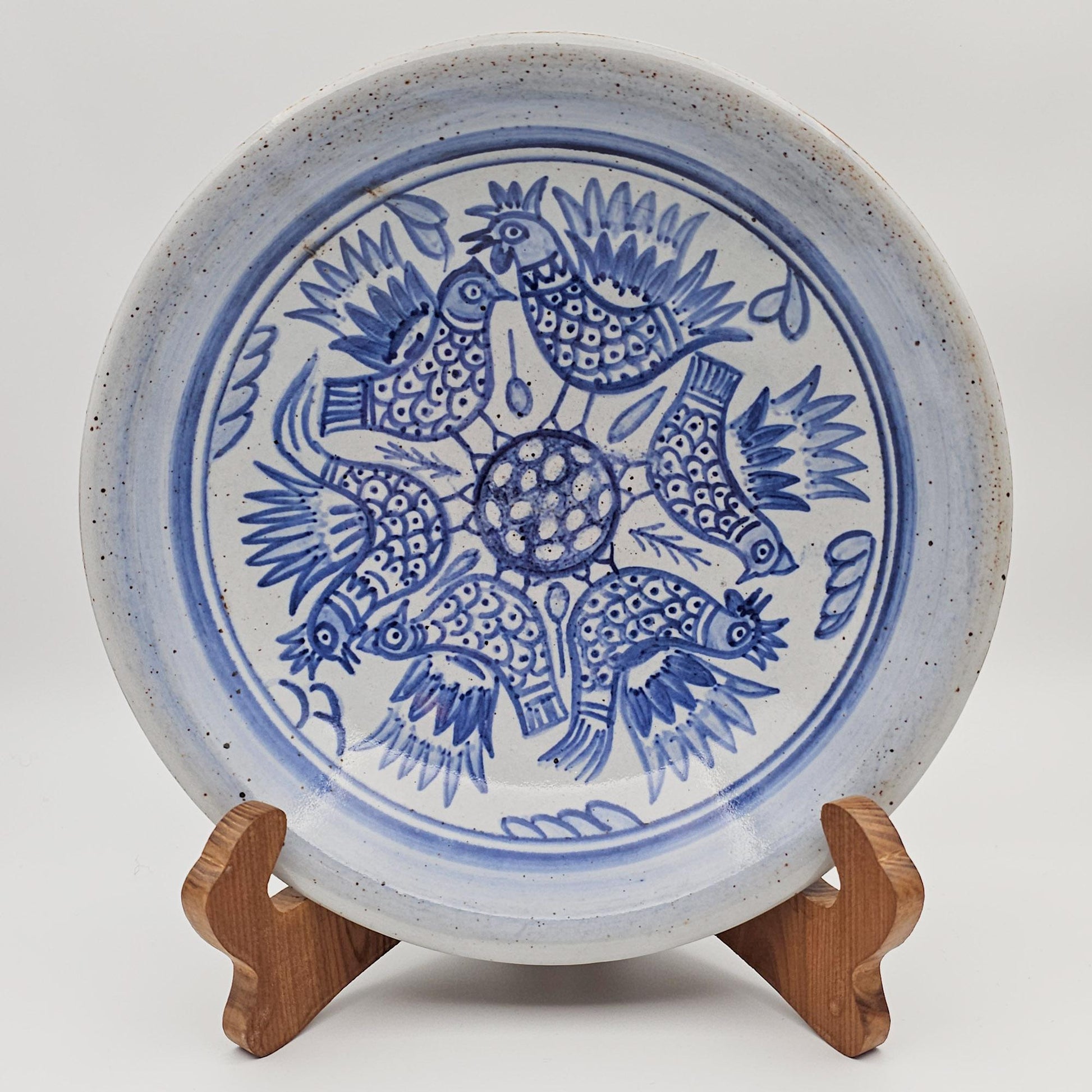 L. HJORTH Blue Roosters and Hens Decorated Stoneware Dish Mollaris.com 