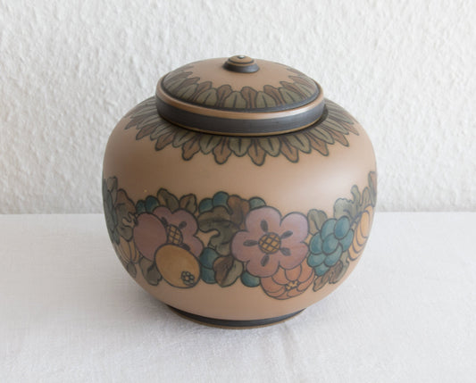 L. HJORTH Brown Lidded Flowers & Fruit Decorated Lidded Terracotta Jar Mollaris.com 