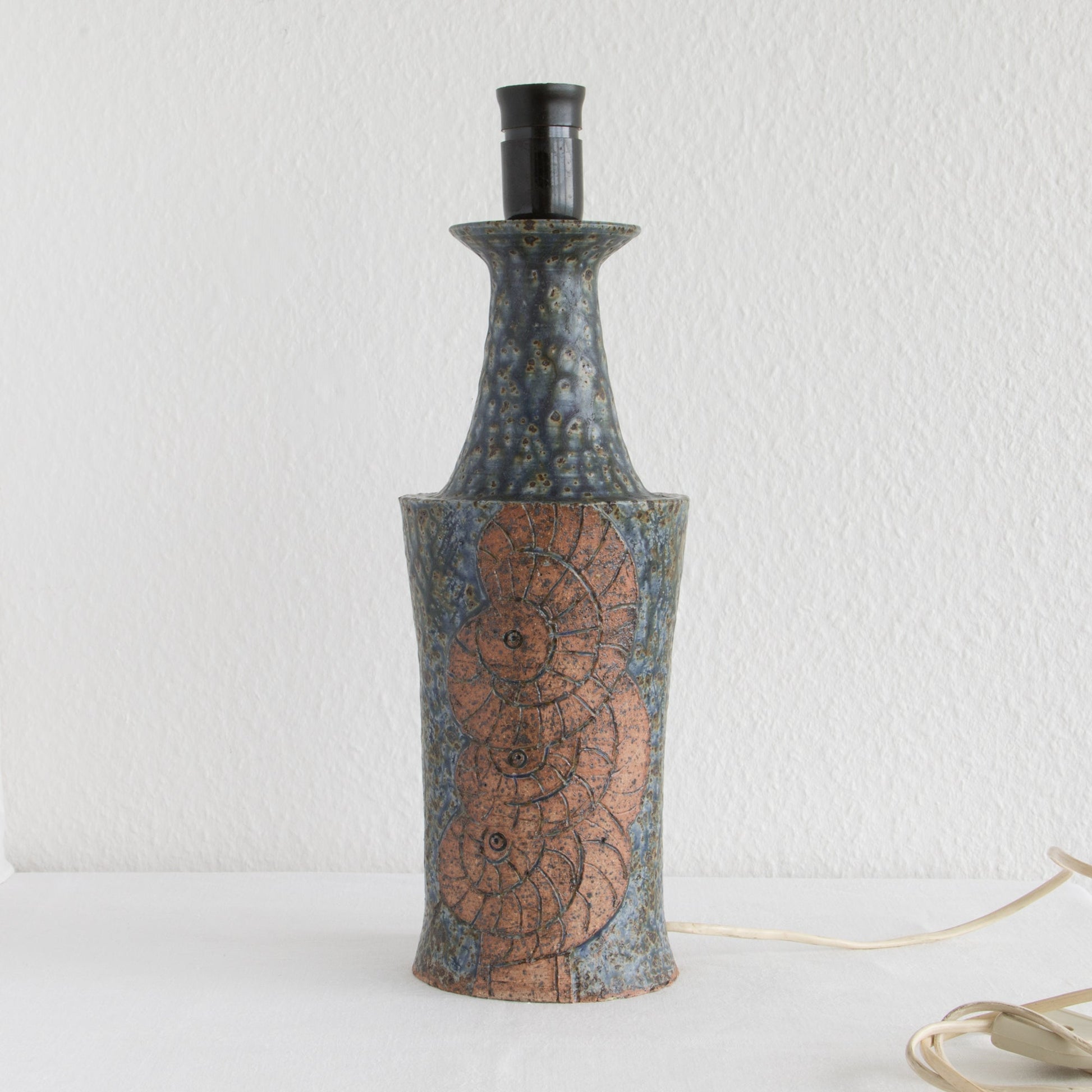 LENE REGIUS Nautilus Patterned Dark Blue Glazed Black Speckled Stoneware Table Lamp Mollaris.com 