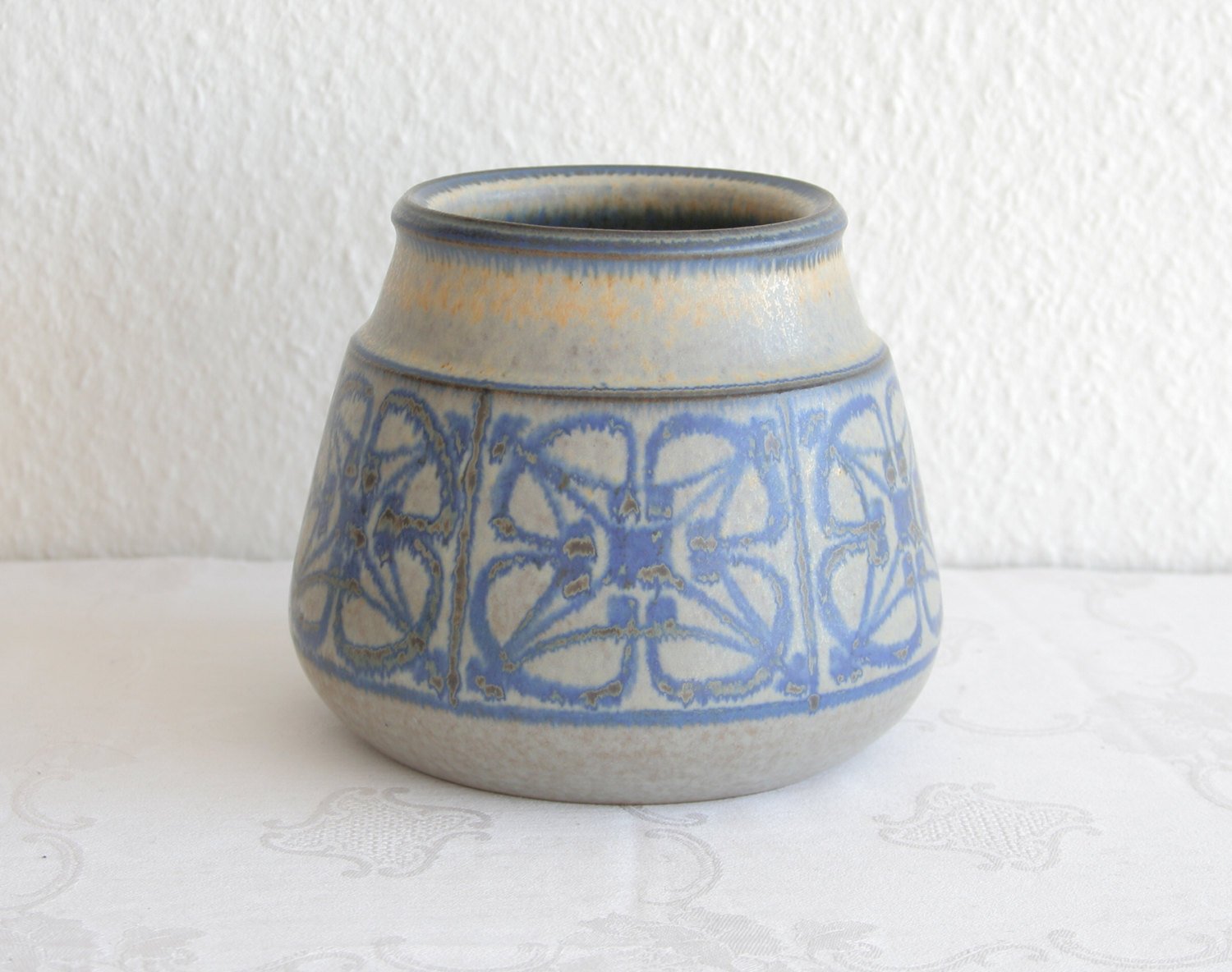 MARIANNE STARCK / MICHAEL ANDERSEN Geometric Patterned Blue Grey Glazed Stoneware Vase Mollaris.com 
