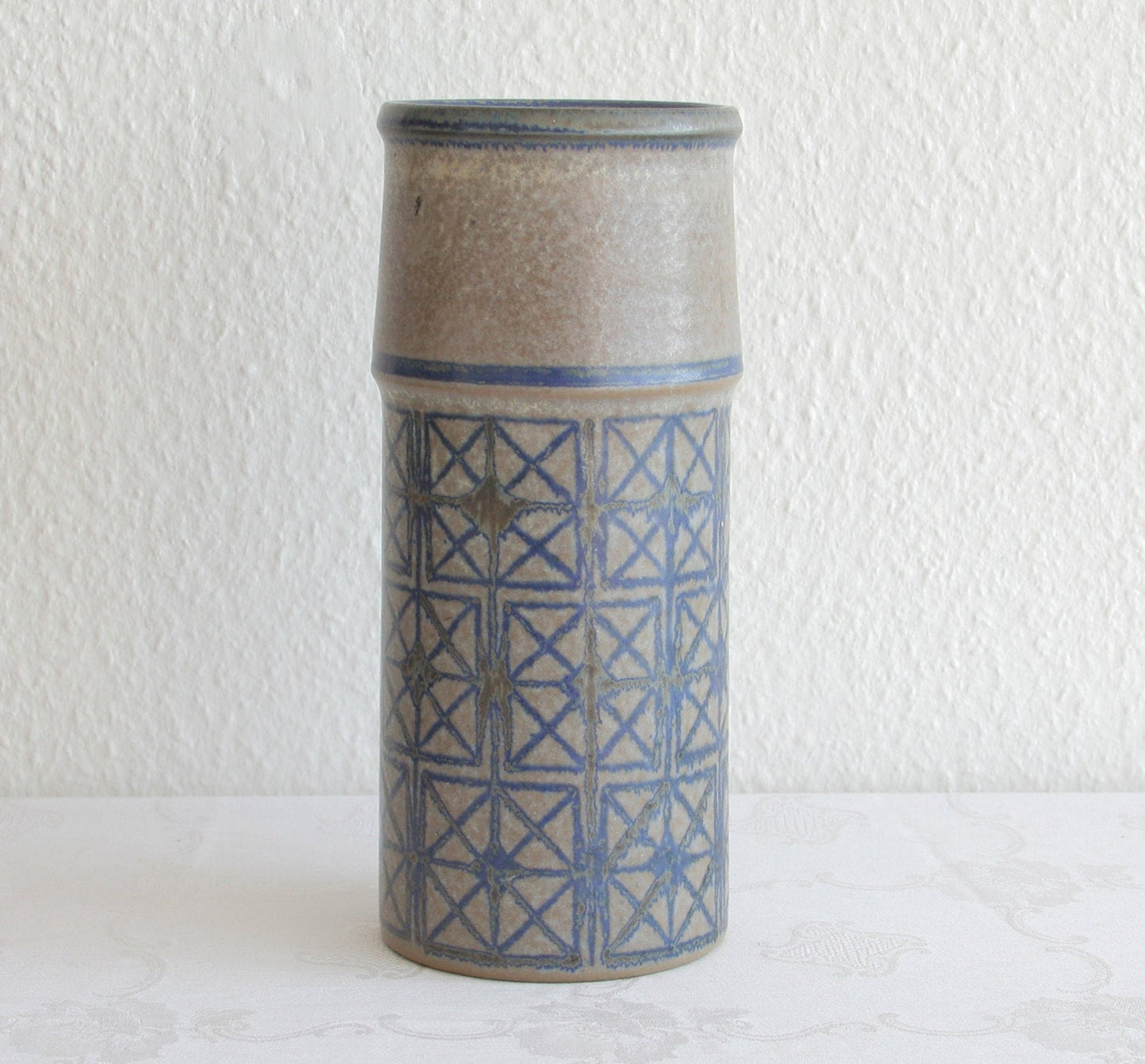MARIANNE STARCK / MICHAEL ANDERSEN Large Geometric Patterned Blue Grey Glazed Stoneware Vase Mollaris.com 