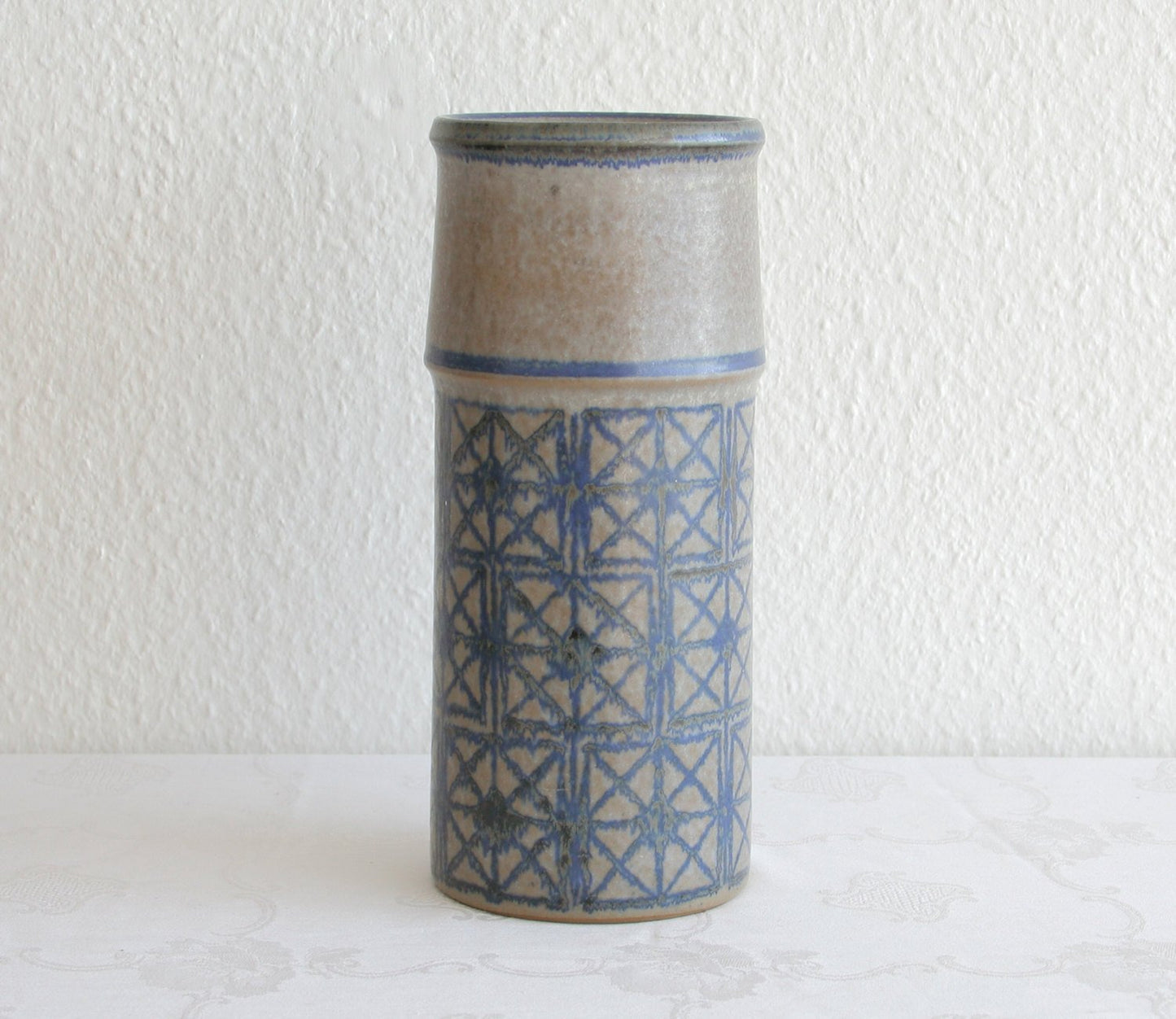 MARIANNE STARCK / MICHAEL ANDERSEN Large Geometric Patterned Blue Grey Glazed Stoneware Vase Mollaris.com 