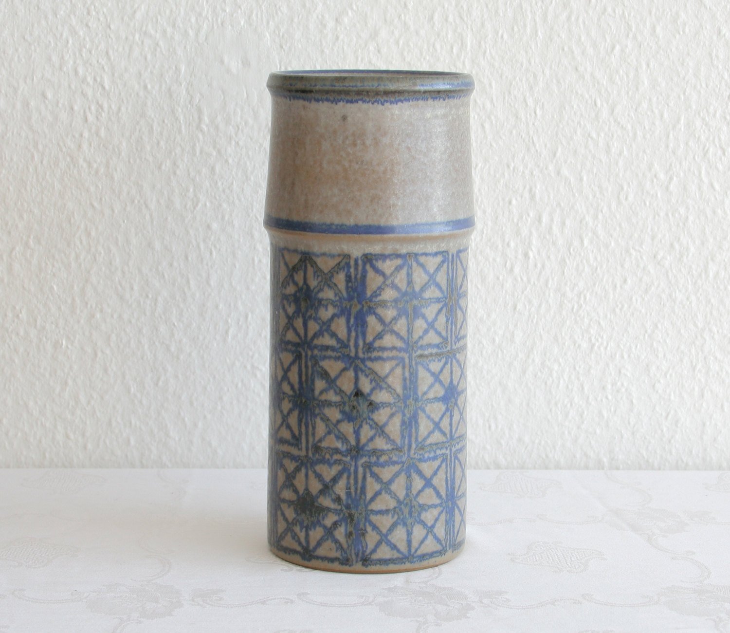 MARIANNE STARCK / MICHAEL ANDERSEN Large Geometric Patterned Blue Grey Glazed Stoneware Vase Mollaris.com 