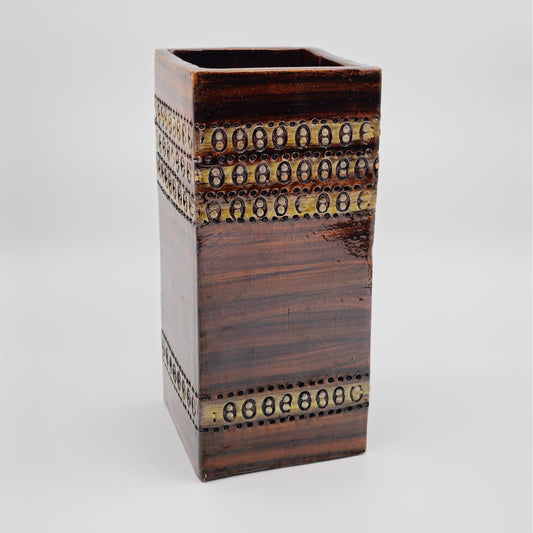 Bitossi ALDO LONDI Brown Square 2-dots Sgrafitto Decorated Ceramic Vase