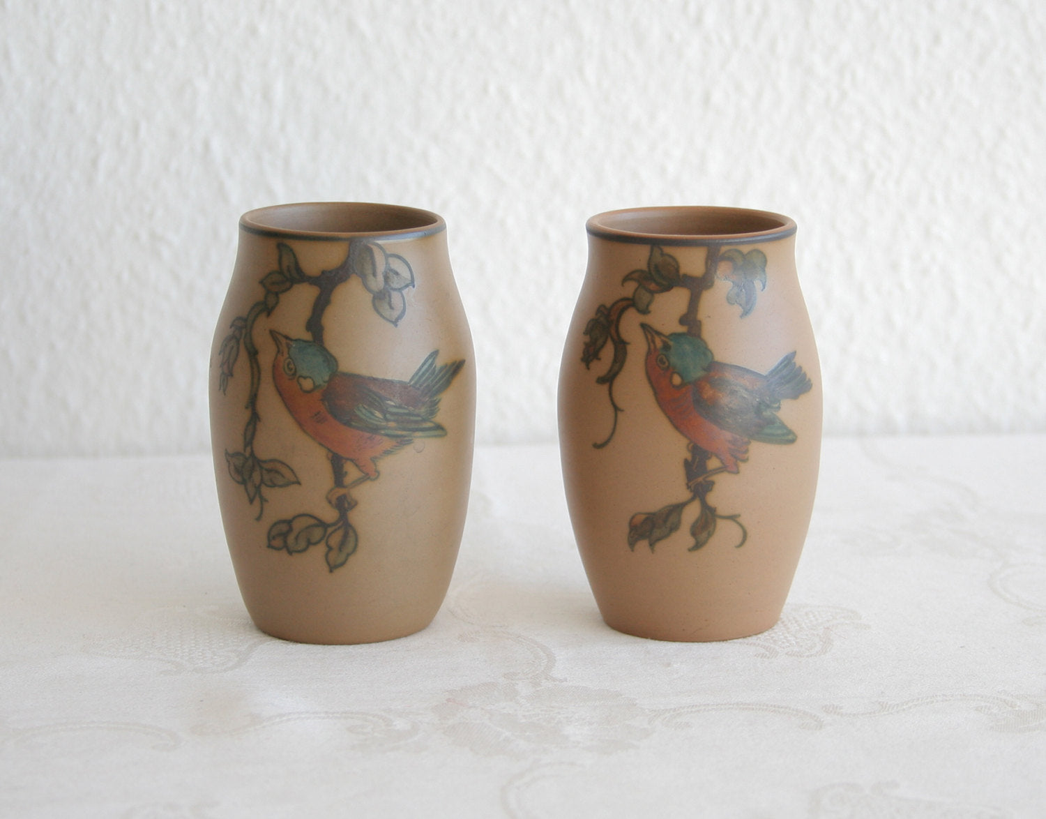 Pair of L. HJORTH Small Bird Decorated Ceramic Vases Mollaris.com 